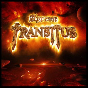 Reprodução da capa do álbum 'Transitus', de Ayreon. Trata-se do nome do disco e do projeto em fonte estilizada e abrasiva, ante um fundo vermelho retratando um mar e um céu quase em chamas